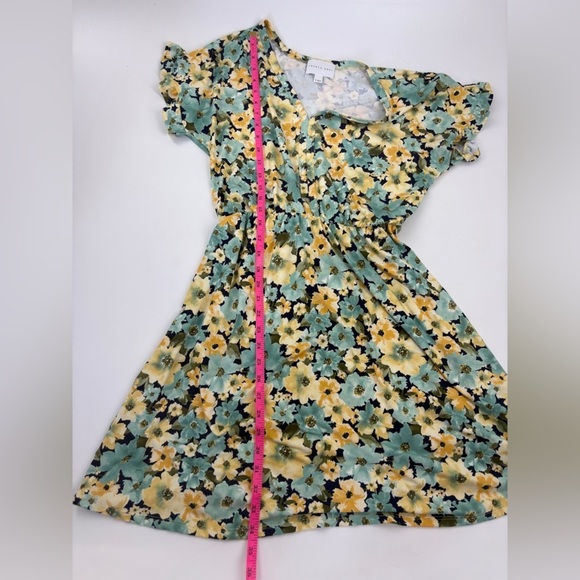 French Grey Dress Yellow/ Green Floral V Neck Tie Waist Short Sleeve- Med - Picture 6 of 6